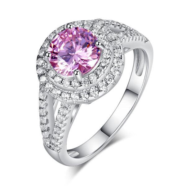 1.25 CT. Round Brilliant Cut Pink Simulated Diamond Double Halo Ring in Sterling Silver