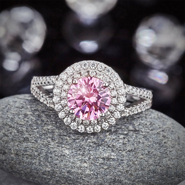 1.25 CT. Round Brilliant Cut Pink Simulated Diamond Double Halo Ring in Sterling Silver