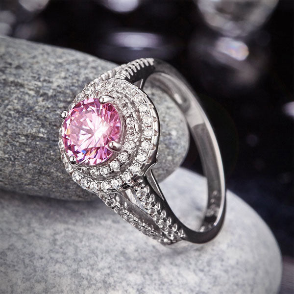 1.25 CT. Round Brilliant Cut Pink Simulated Diamond Double Halo Ring in Sterling Silver