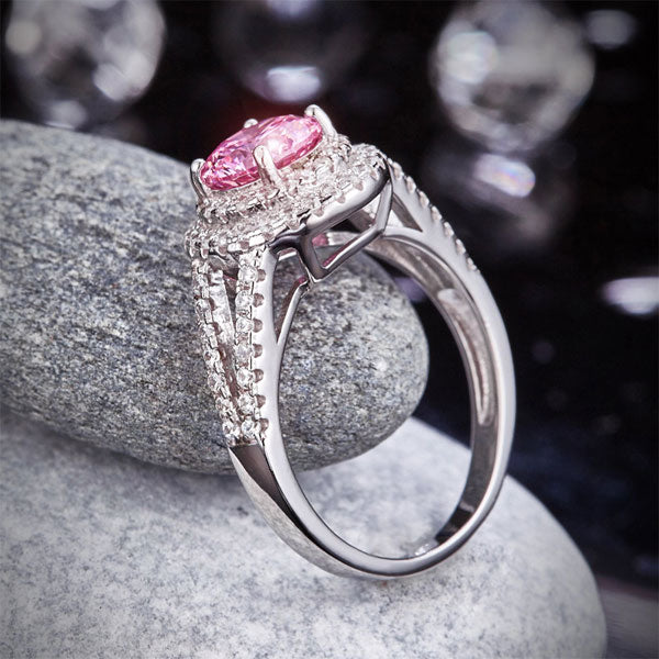 1.25 CT. Round Brilliant Cut Pink Simulated Diamond Double Halo Ring in Sterling Silver