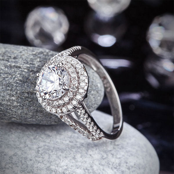 1.25 CT. Round Brilliant Cut Simulated Diamond Double Halo Ring in Sterling Silver