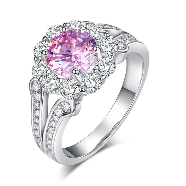 1.25 CT. Round Brilliant Cut Pink Simulated Diamond Flower Halo Ring in Sterling Silver