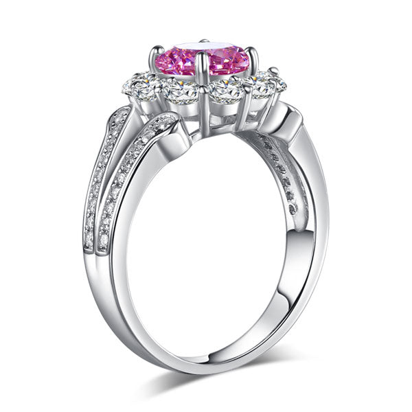 1.25 CT. Round Brilliant Cut Pink Simulated Diamond Flower Halo Ring in Sterling Silver