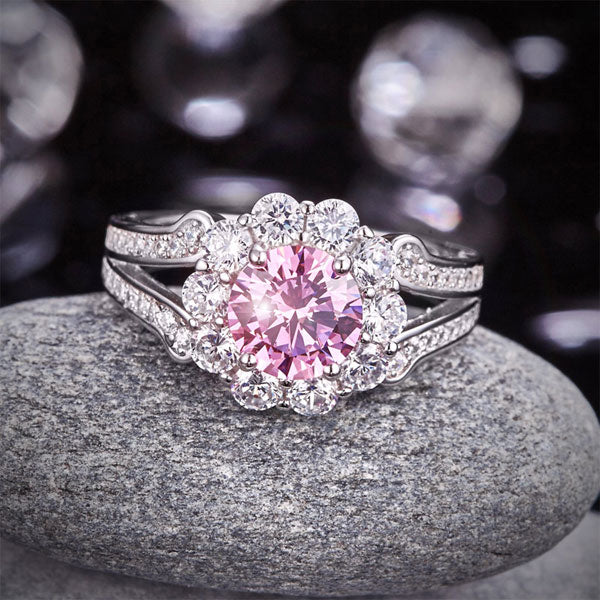 1.25 CT. Round Brilliant Cut Pink Simulated Diamond Flower Halo Ring in Sterling Silver