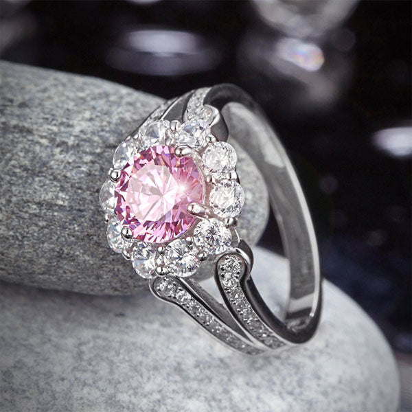 1.25 CT. Round Brilliant Cut Pink Simulated Diamond Flower Halo Ring in Sterling Silver