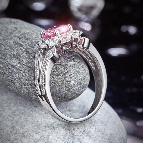 1.25 CT. Round Brilliant Cut Pink Simulated Diamond Flower Halo Ring in Sterling Silver