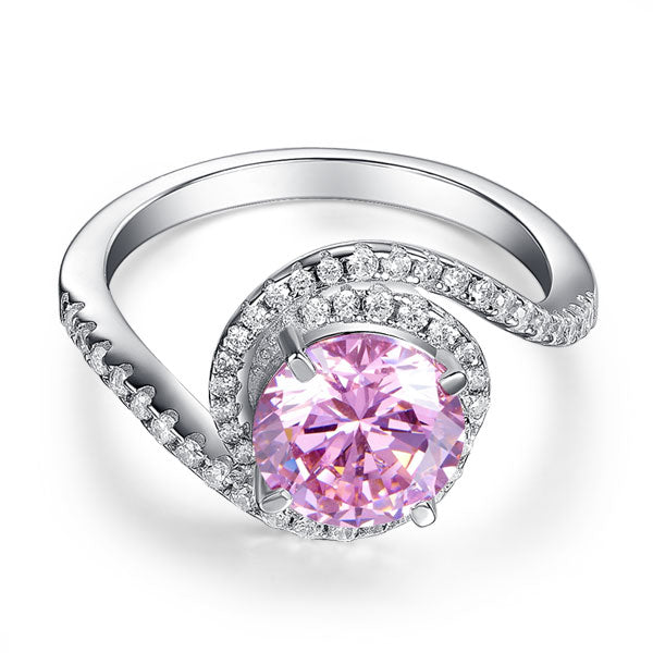 Anillo de plata de ley con diamante simulado rosa redondo de 2,5 quilates y rizo retorcido.