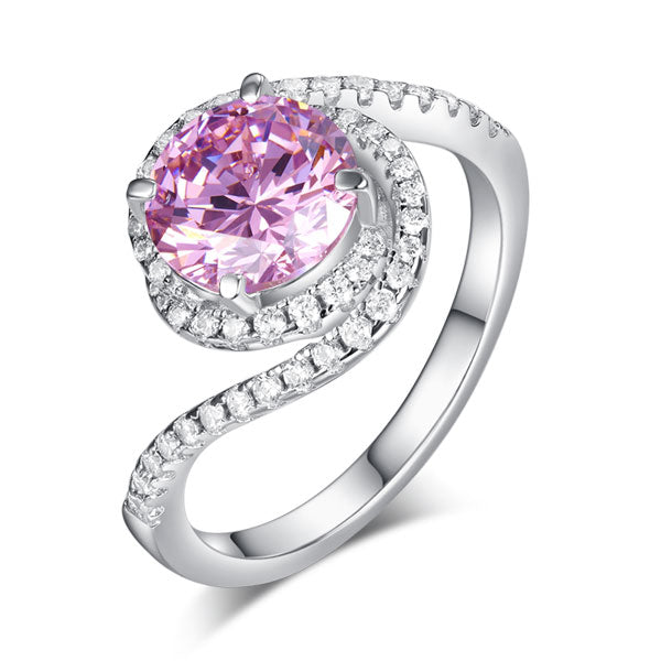 Anillo de plata de ley con diamante simulado rosa redondo de 2,5 quilates y rizo retorcido.