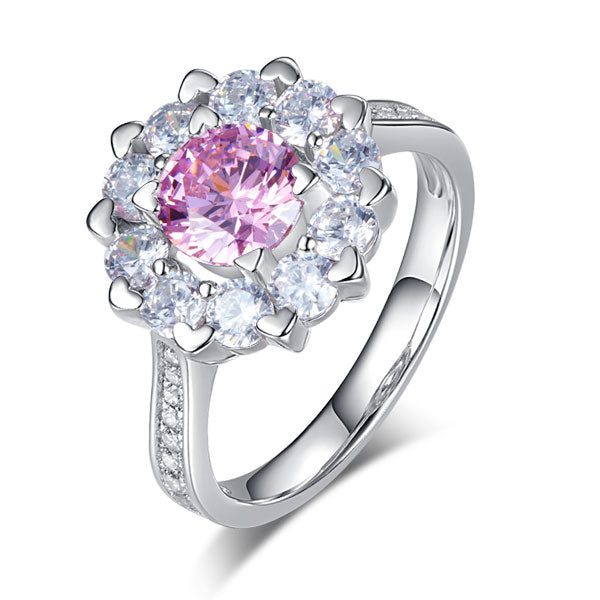 1 CT. Round Brilliant Cut Pink Simulated Diamond Snowflake Halo Ring in Sterling Silver