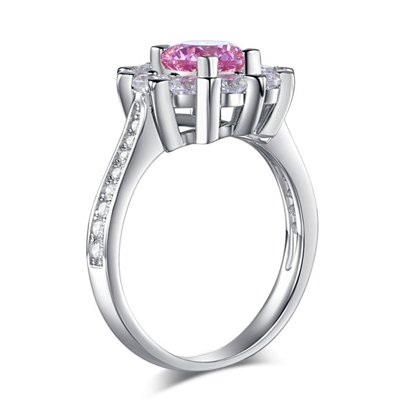 1 CT. Round Brilliant Cut Pink Simulated Diamond Snowflake Halo Ring in Sterling Silver
