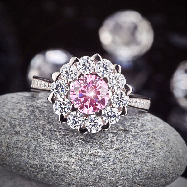 1 CT. Round Brilliant Cut Pink Simulated Diamond Snowflake Halo Ring in Sterling Silver