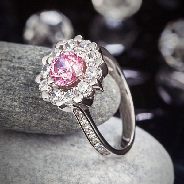 1 CT. Round Brilliant Cut Pink Simulated Diamond Snowflake Halo Ring in Sterling Silver