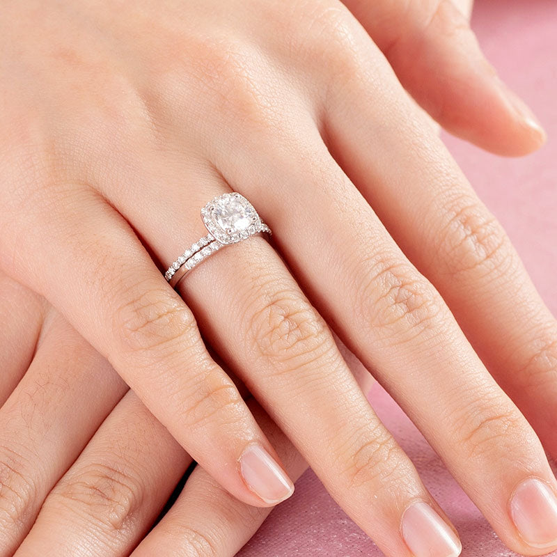 1 CT. Cushion Cut Moissanite Diamond Halo Bridal Set in Sterling Silver
