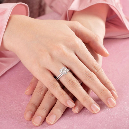1 CT. Heart Cut Moissanite Diamond Halo Bridal Set in Sterling Silver