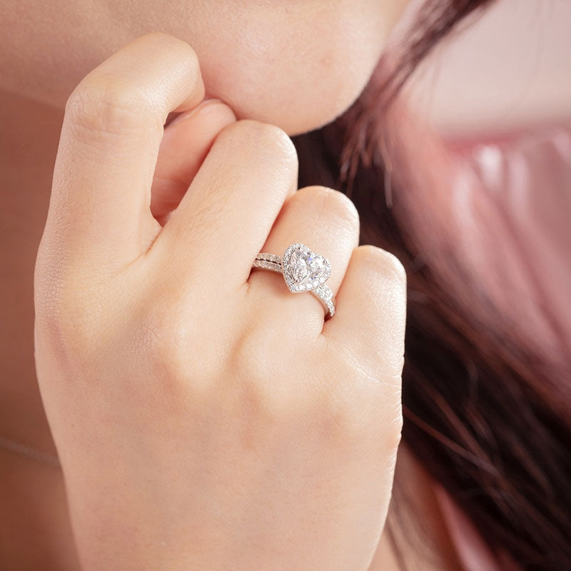 1 CT. Heart Cut Moissanite Diamond Halo Bridal Set in Sterling Silver