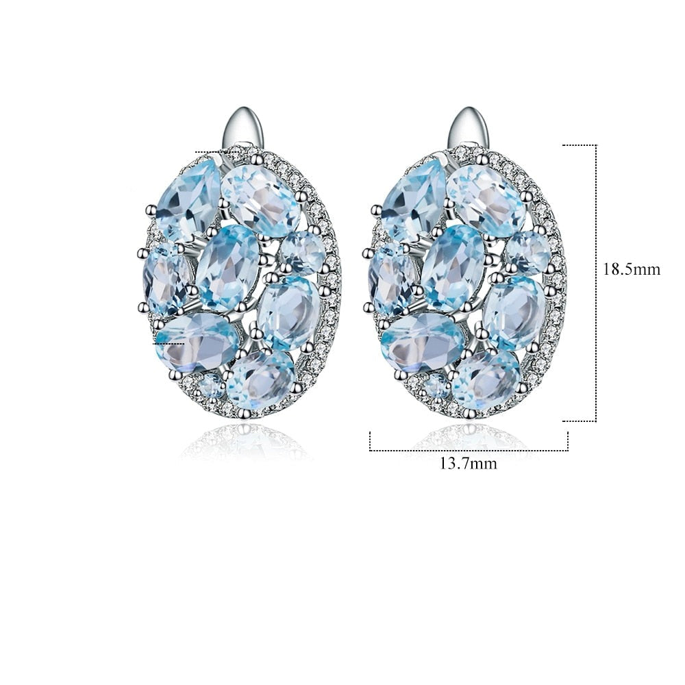 GRACE Sky Blue Topaz Oval Cluster Halo Drop Earrings in Sterling Silver