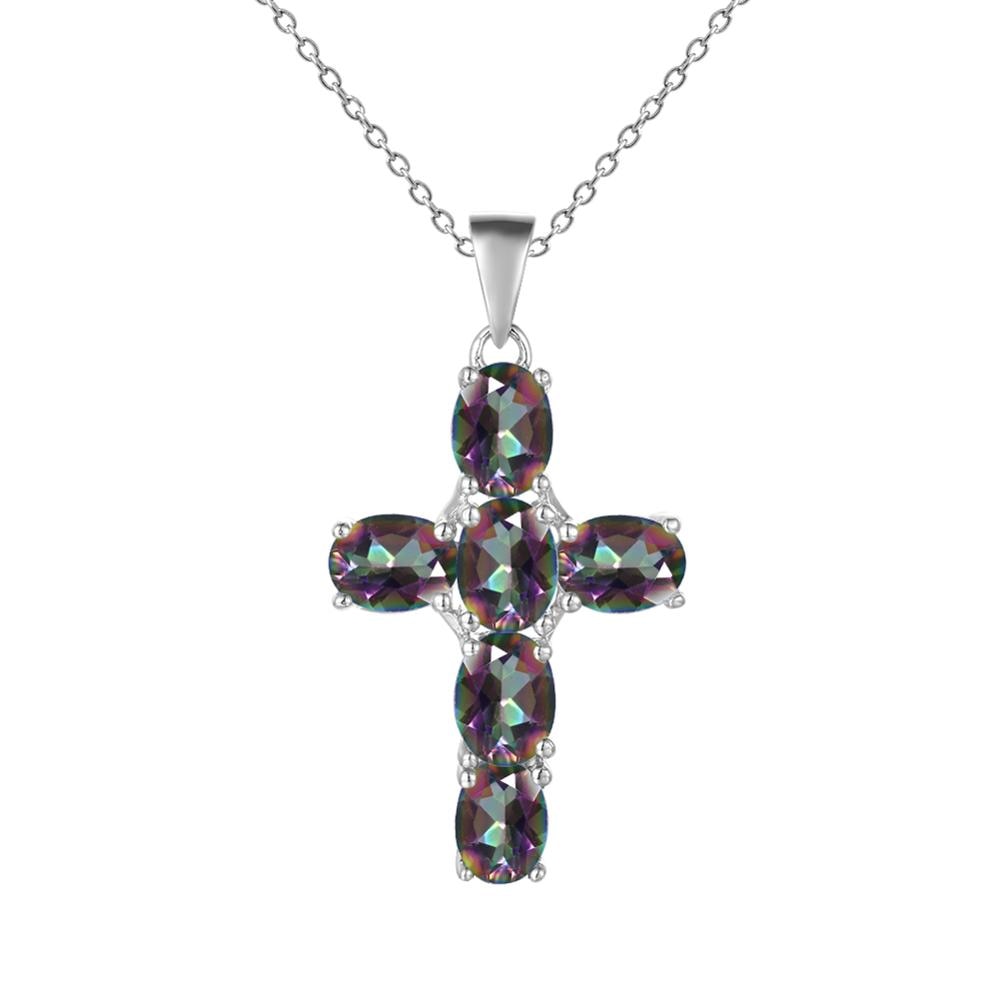 GRACE Oval Gemstone Cross Necklace in Sterling Silver