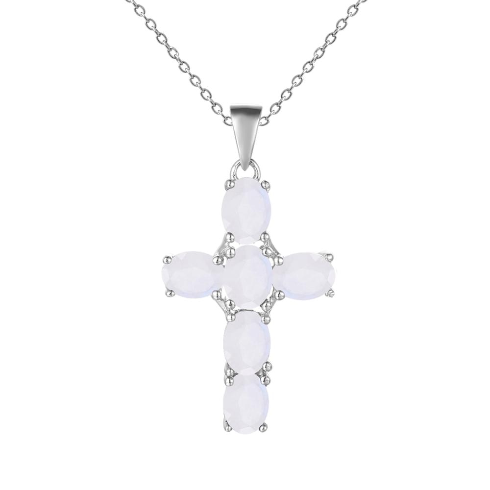 GRACE Oval Gemstone Cross Necklace in Sterling Silver