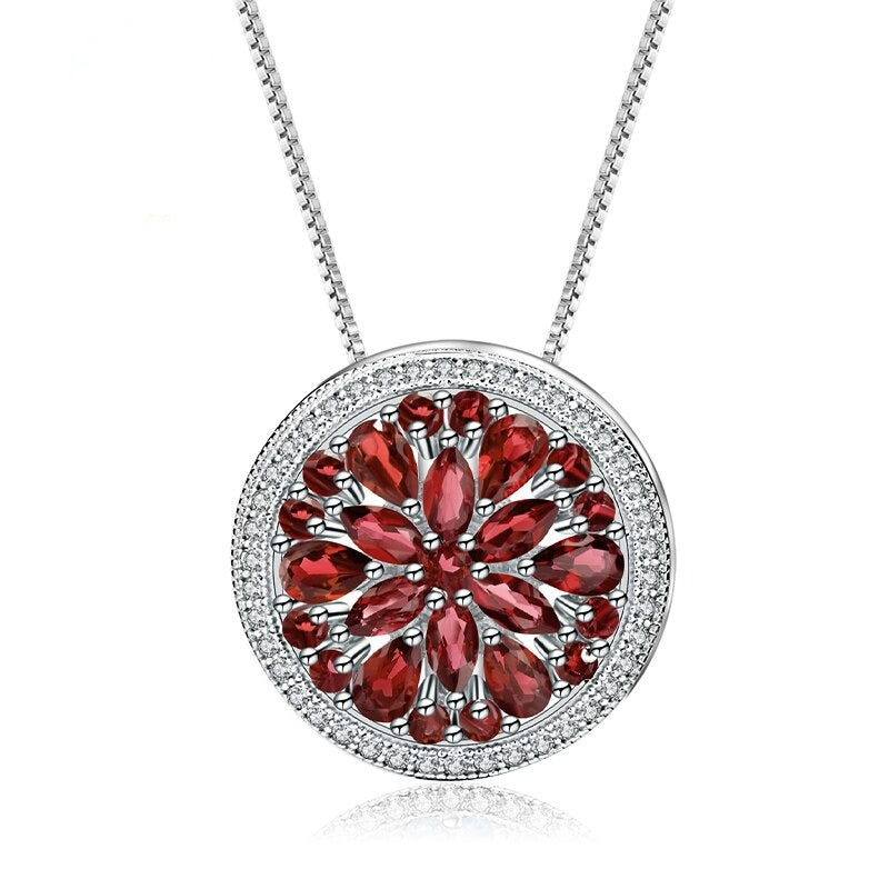 GRACE Red Garnet Round Cluster Pendant Necklace in Sterling Silver