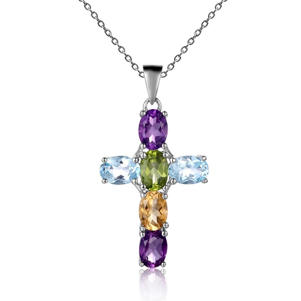 GRACE Oval Gemstone Cross Necklace in Sterling Silver