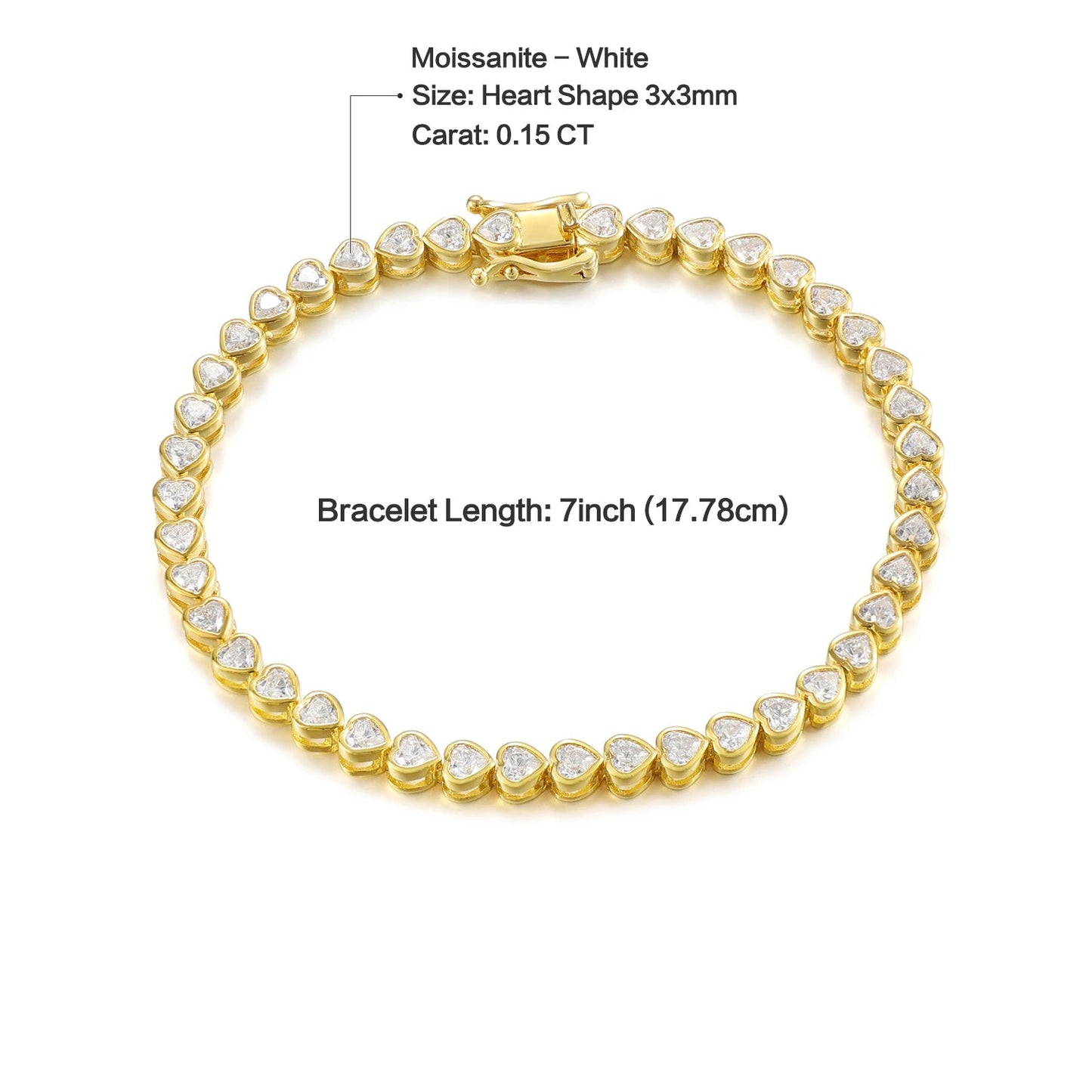 Pulsera de tenis con bisel de moissanita de 3 mm en forma de corazón en plata de ley chapada en oro de 14 quilates