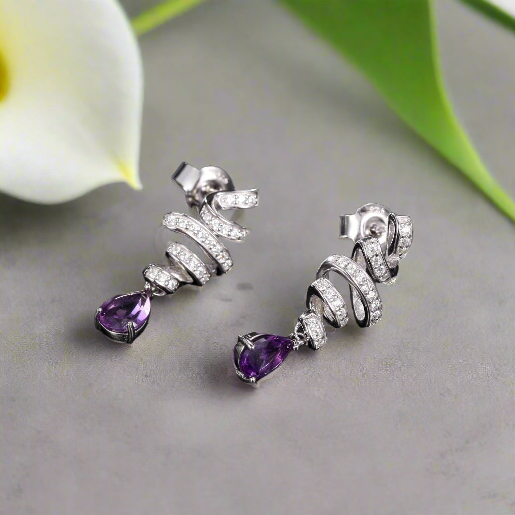 Pendientes GRACE con forma de lágrima de amatista y lazo en plata de ley