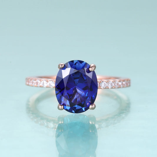 Oval Blue Lab Sapphire Engagement Ring in Sterling Silver