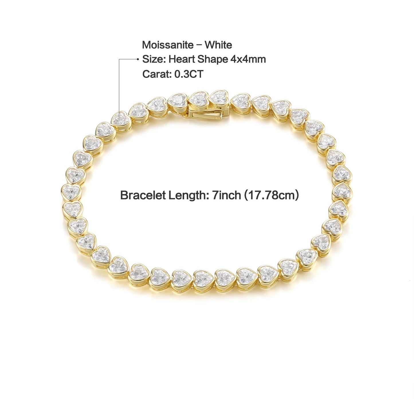 Pulsera de tenis con bisel de moissanita de 4 mm en forma de corazón en plata de ley chapada en oro de 14 quilates