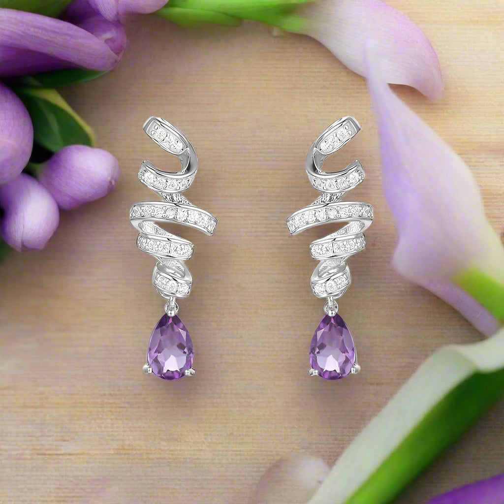 Pendientes GRACE con forma de lágrima de amatista y lazo en plata de ley