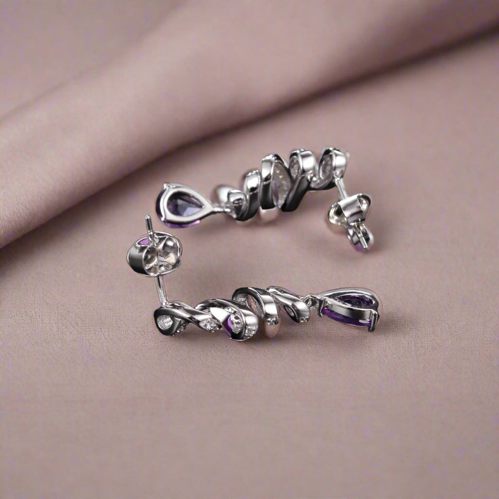 Pendientes GRACE con forma de lágrima de amatista y lazo en plata de ley