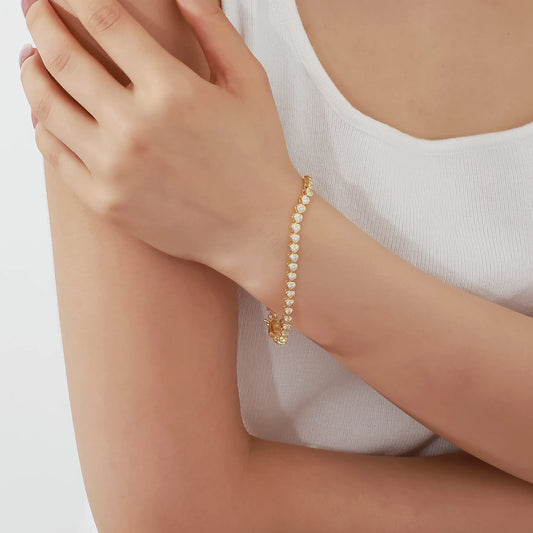 Heart Shaped 3 mm Moissanite Bezel Tennis Bracelet in 14K Gold Plated Sterling Silver