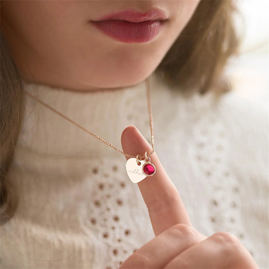 Heart Custom Name Birthstone Pendant Necklace in Rose Gold Plated Stainless Steel