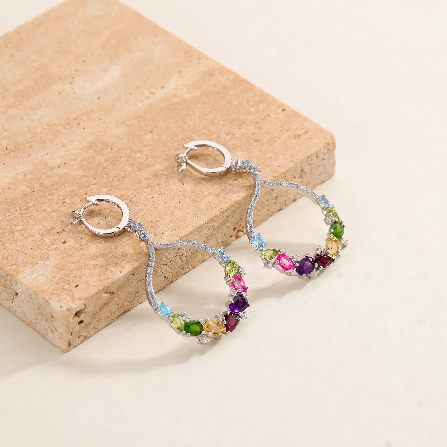 GRACE Gemstone Circle Drop Earrings in Sterling Silver