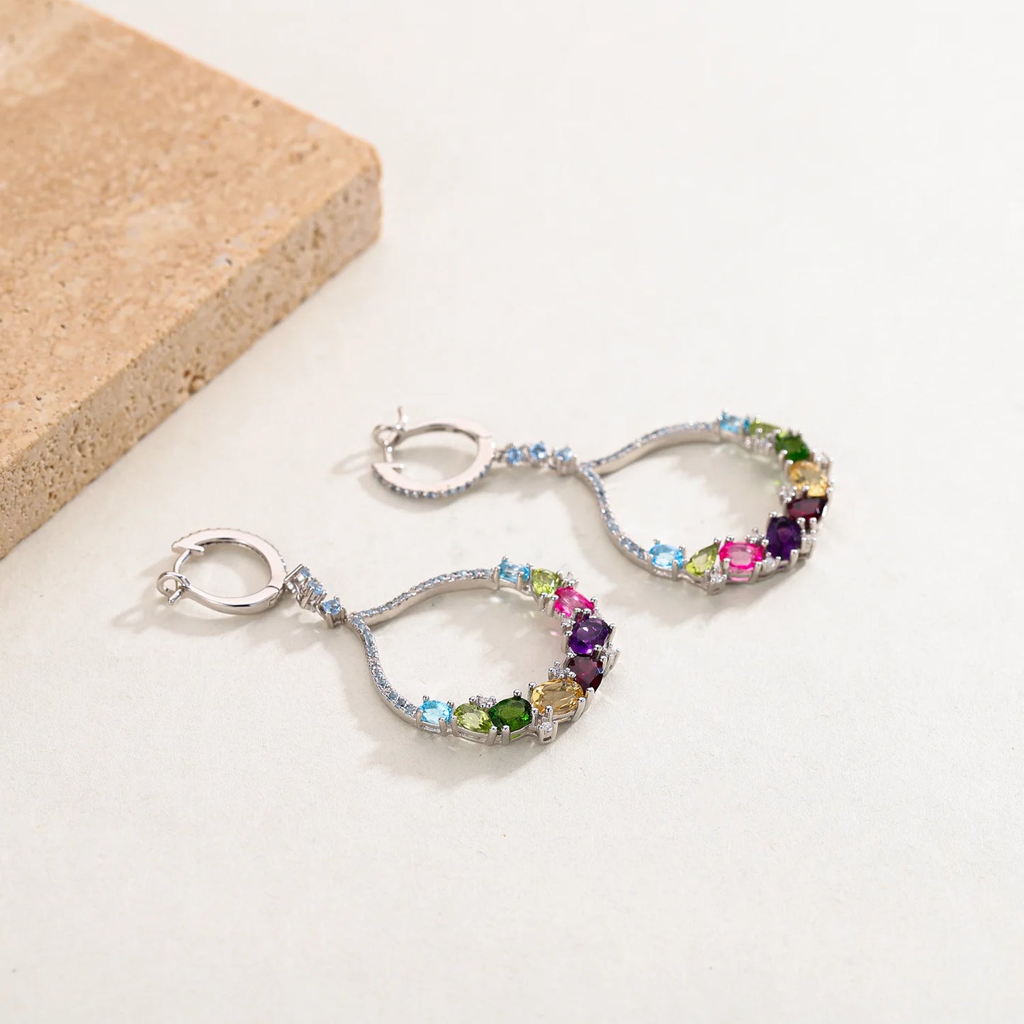 GRACE Gemstone Circle Drop Earrings in Sterling Silver