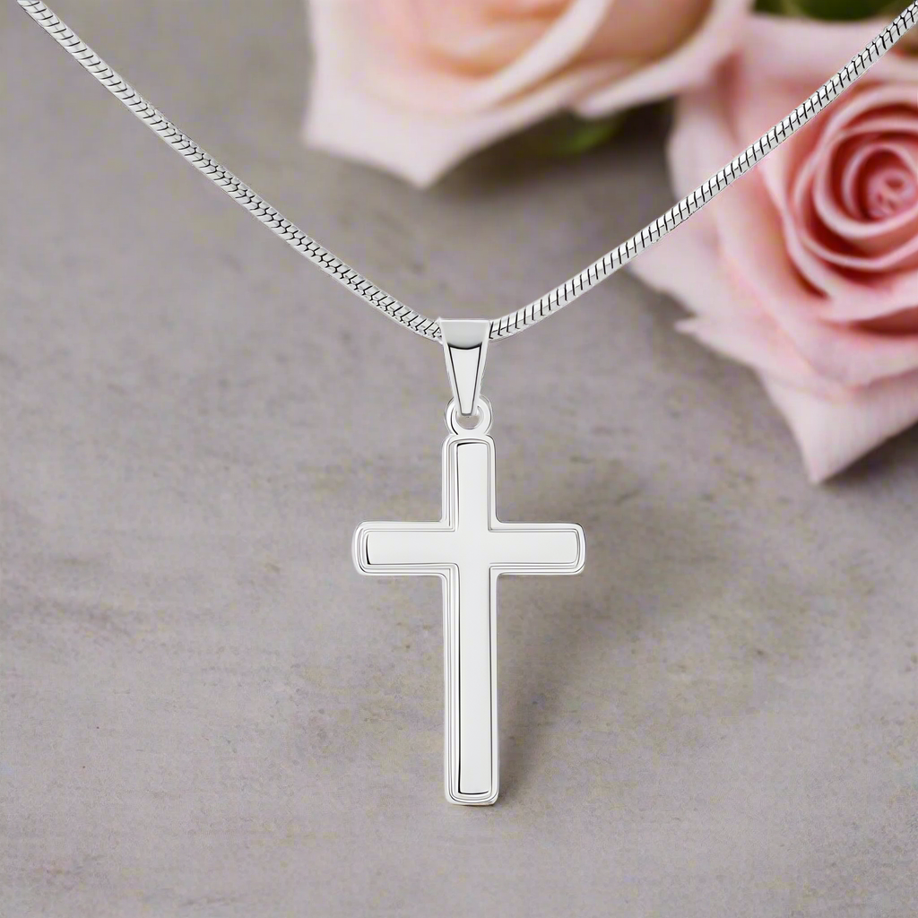 Collar de cruz artesanal "Mi querida hija" con cita de Santa Gemma Galgani
