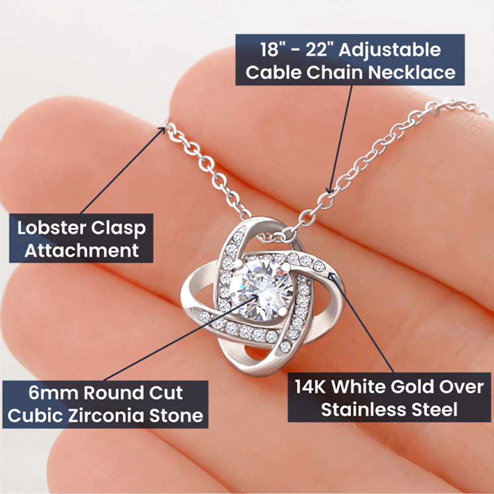 Áve María Love Knot Necklace with Eternal Rose and LATIN Prayer Card (with accents)