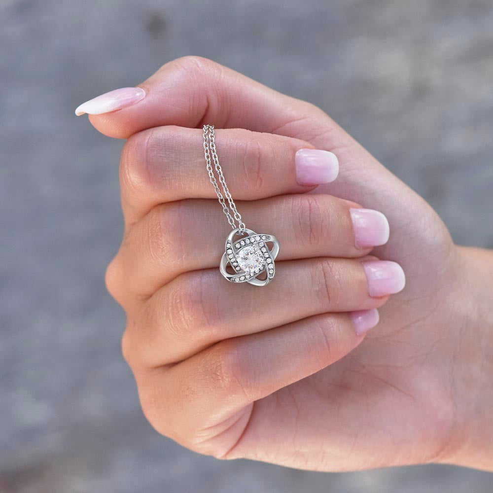 Áve María Love Knot Necklace with Eternal Rose and LATIN Prayer Card (with accents)
