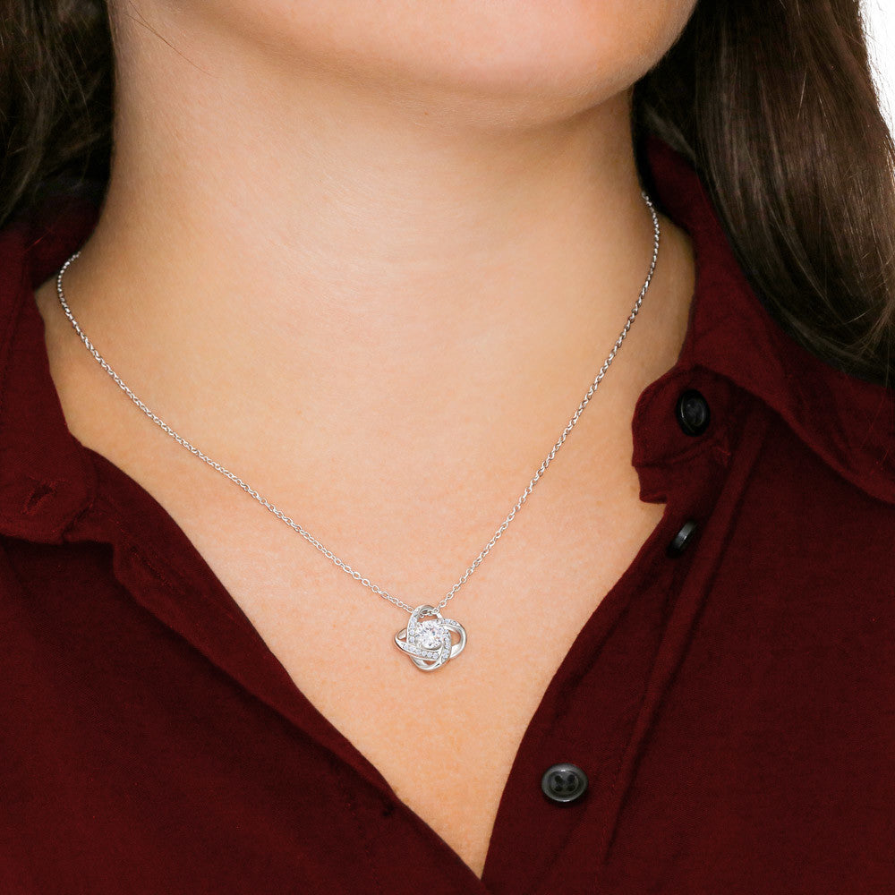 Áve María Love Knot Necklace with Eternal Rose and LATIN Prayer Card (with accents)
