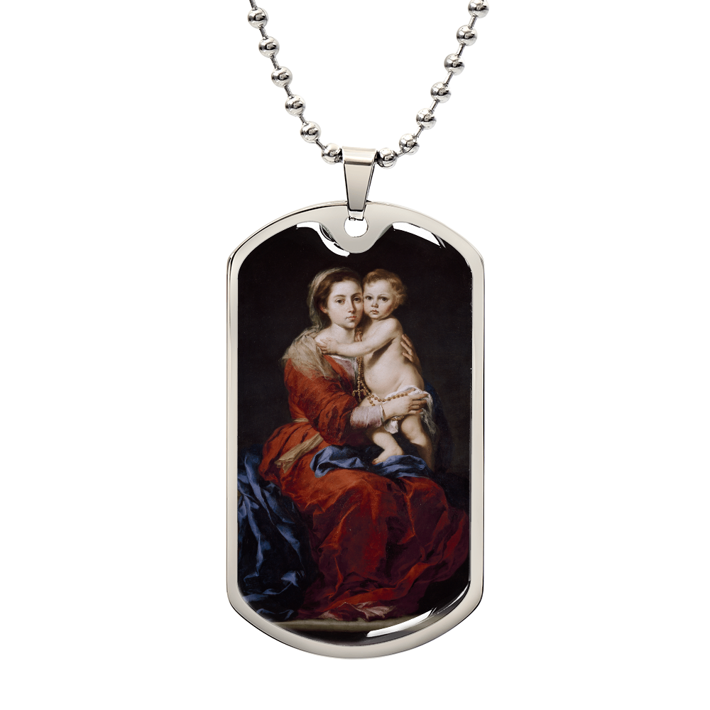 Our Lady of the Rosary Tag Necklace with Personalized Engraving