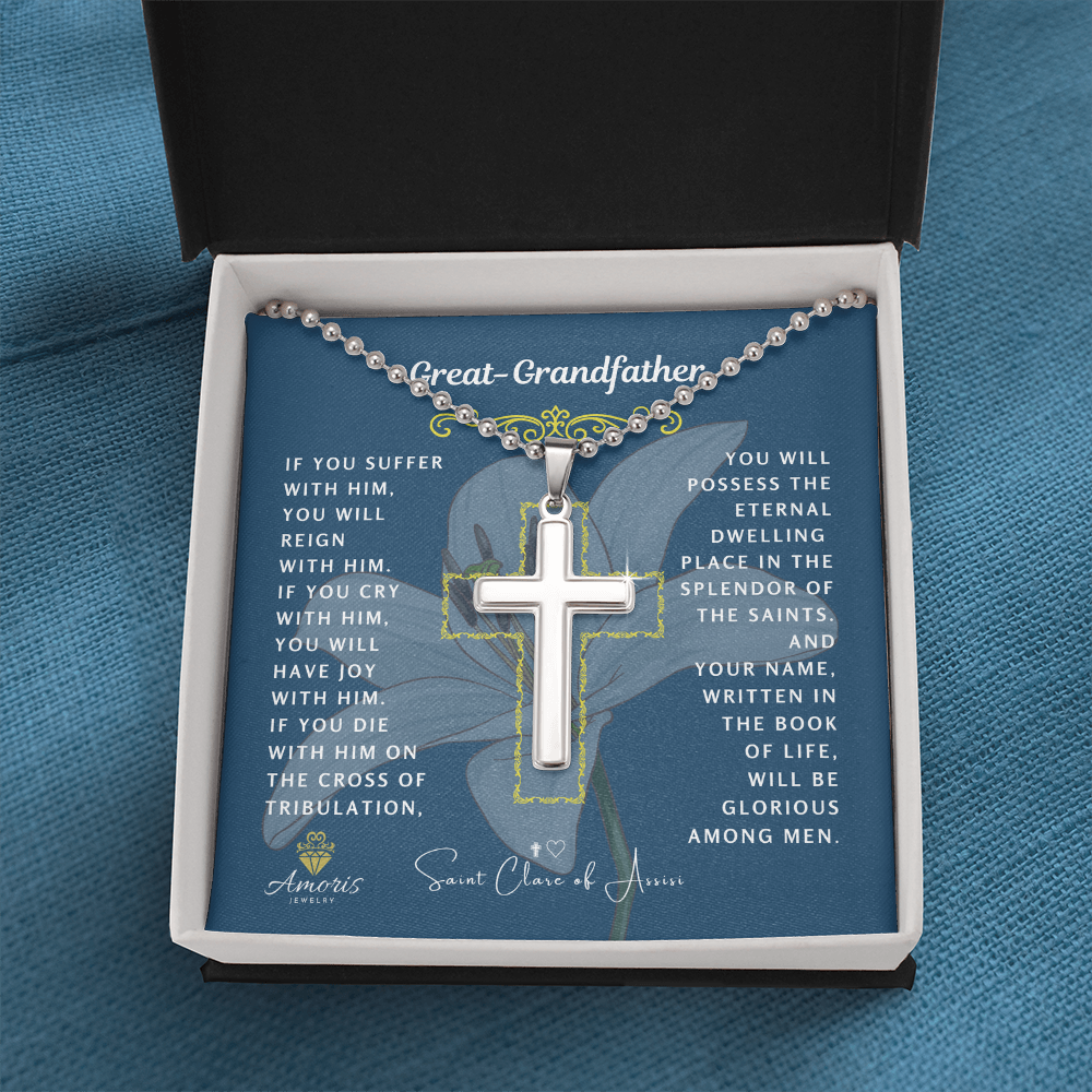 Great-Grandfather Cross Necklace with Saint Clare of Assisi Quote