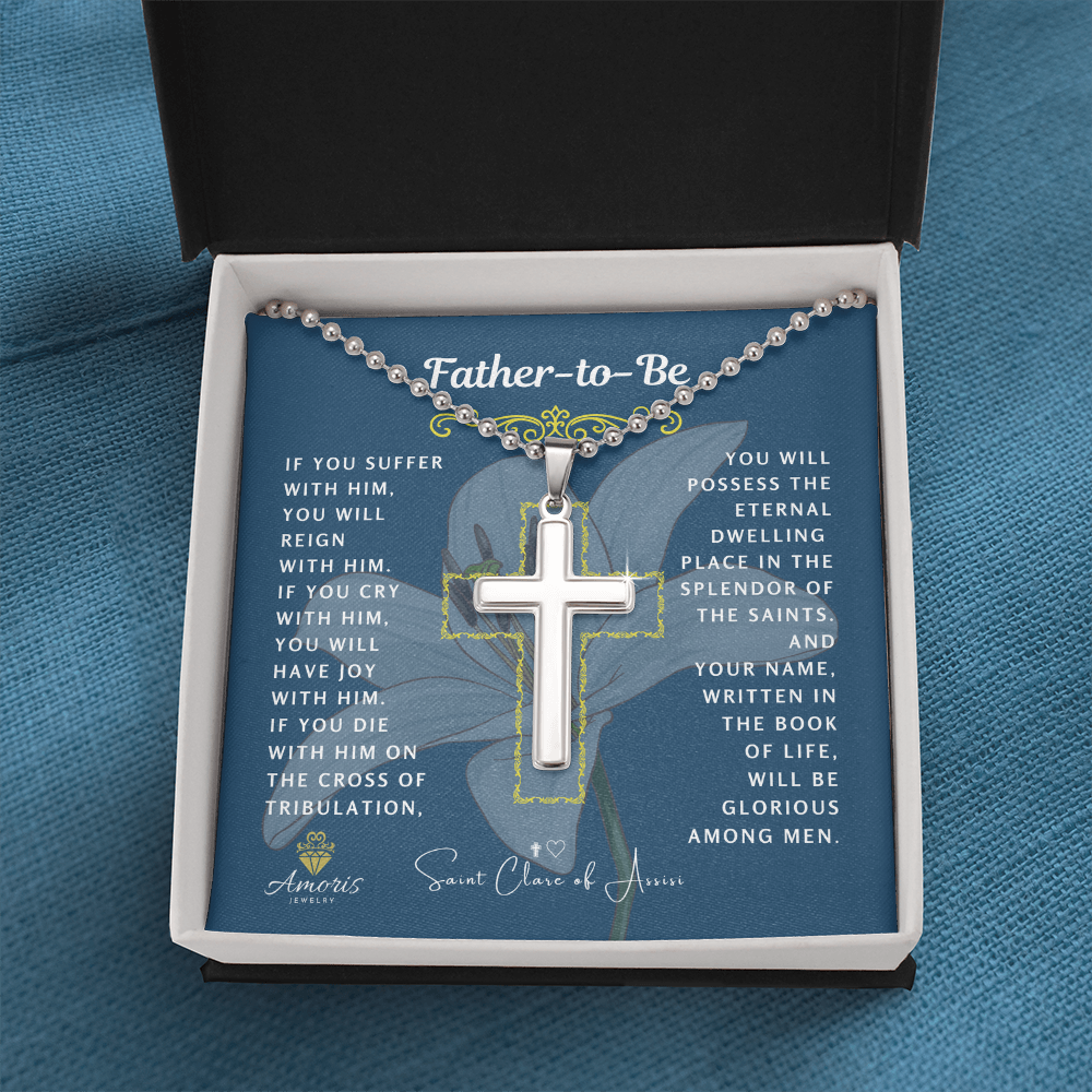 Father-to-Be Cross Necklace with Saint Clare of Assisi Quote