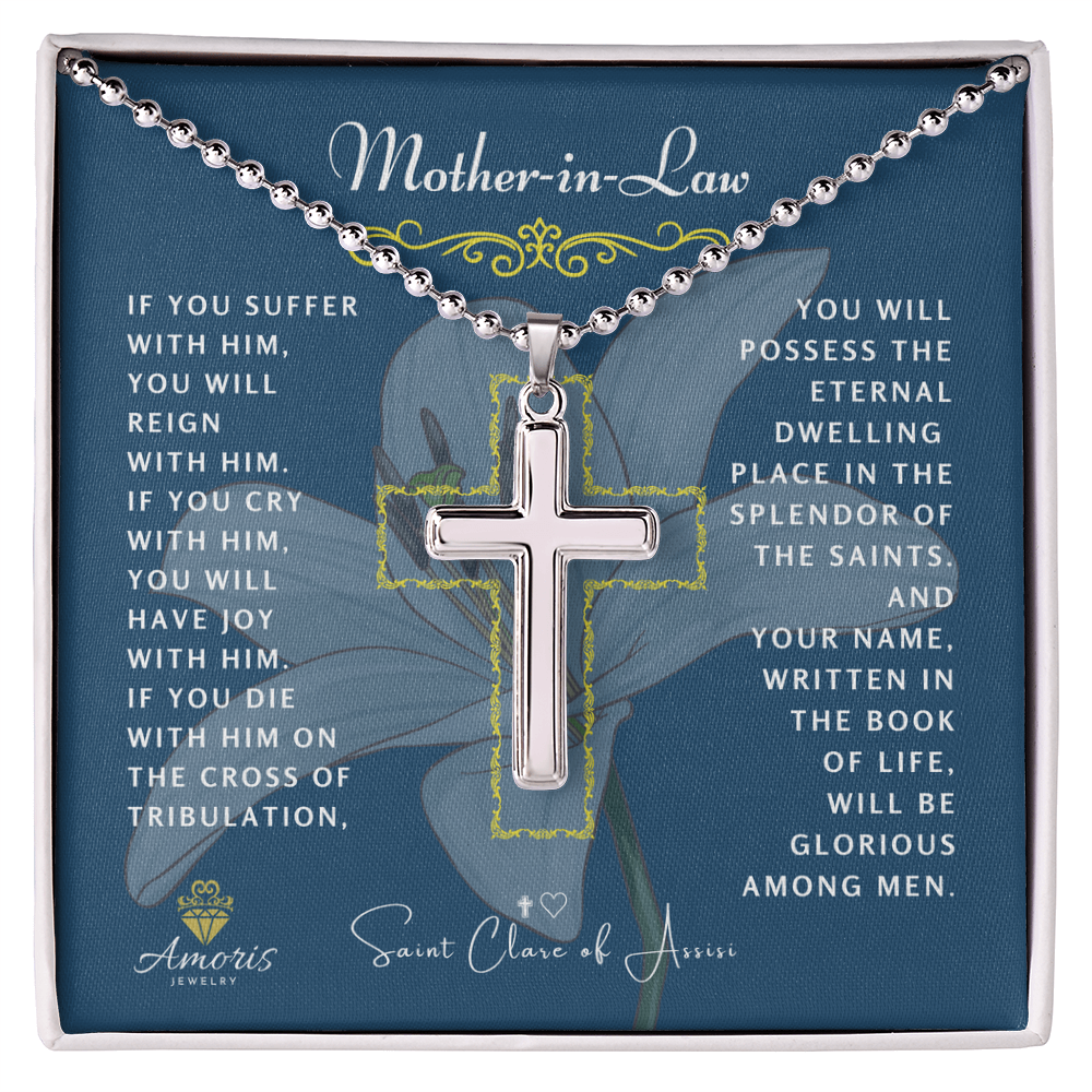 Mother-in-Law Cross Necklace with Saint Clare of Assisi Quote