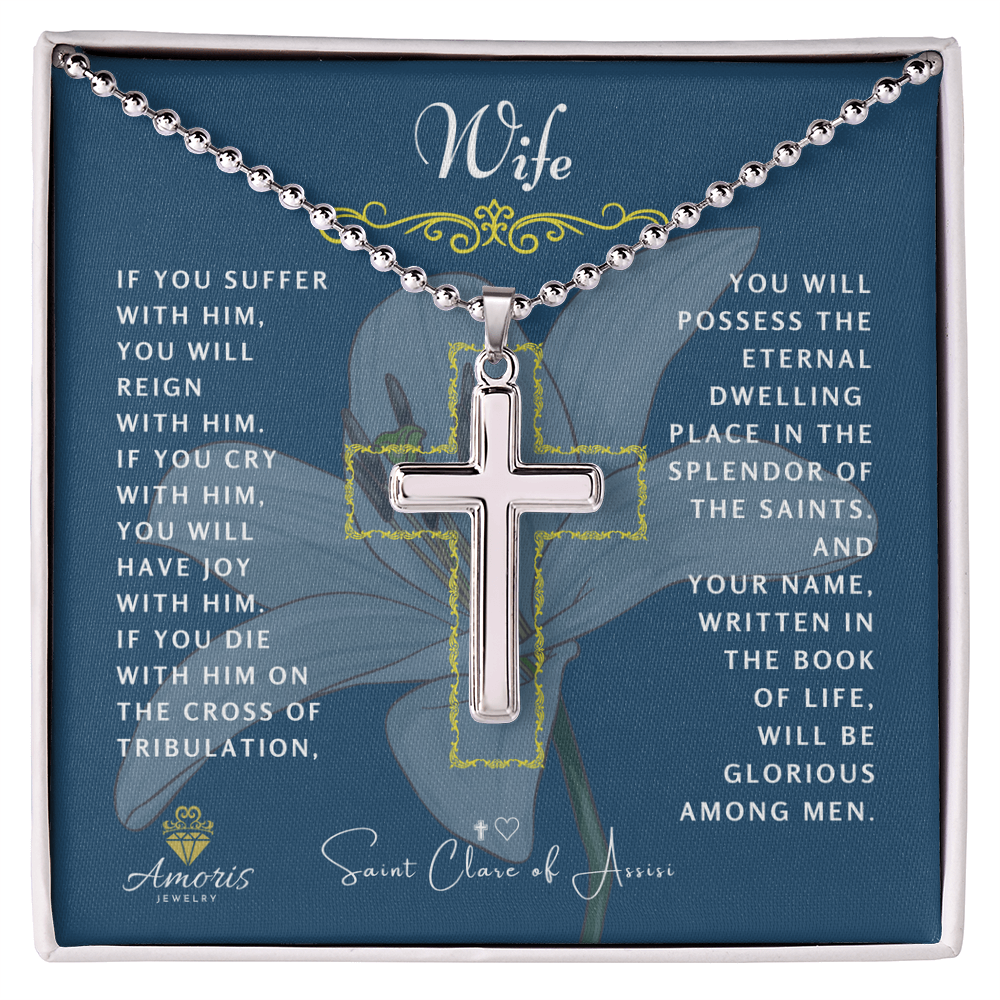 Wife Cross Necklace with Saint Clare of Assisi Quote