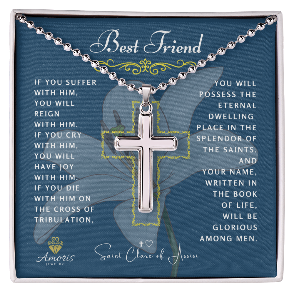Best Friend Cross Necklace with Saint Clare of Assisi Quote