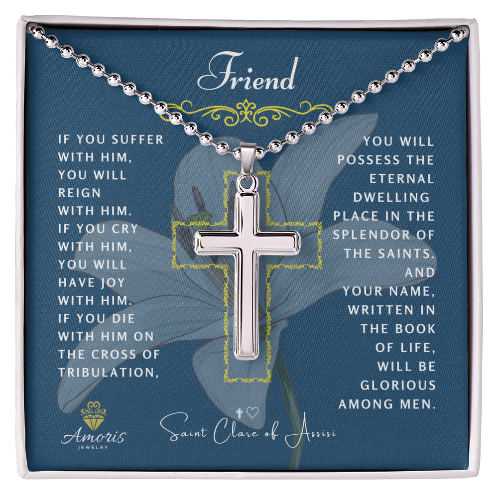 Friend Cross Necklace with Saint Clare of Assisi Quote