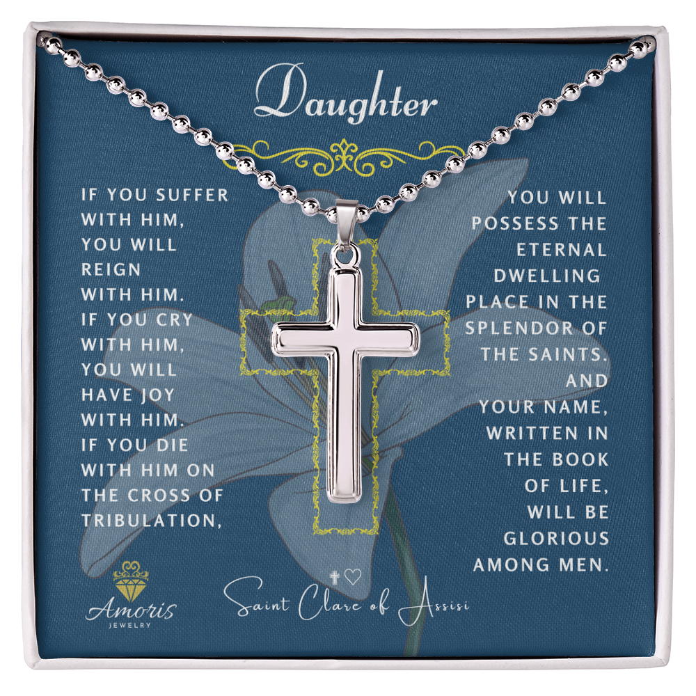 Daughter Cross Necklace with Saint Clare of Assisi Quote