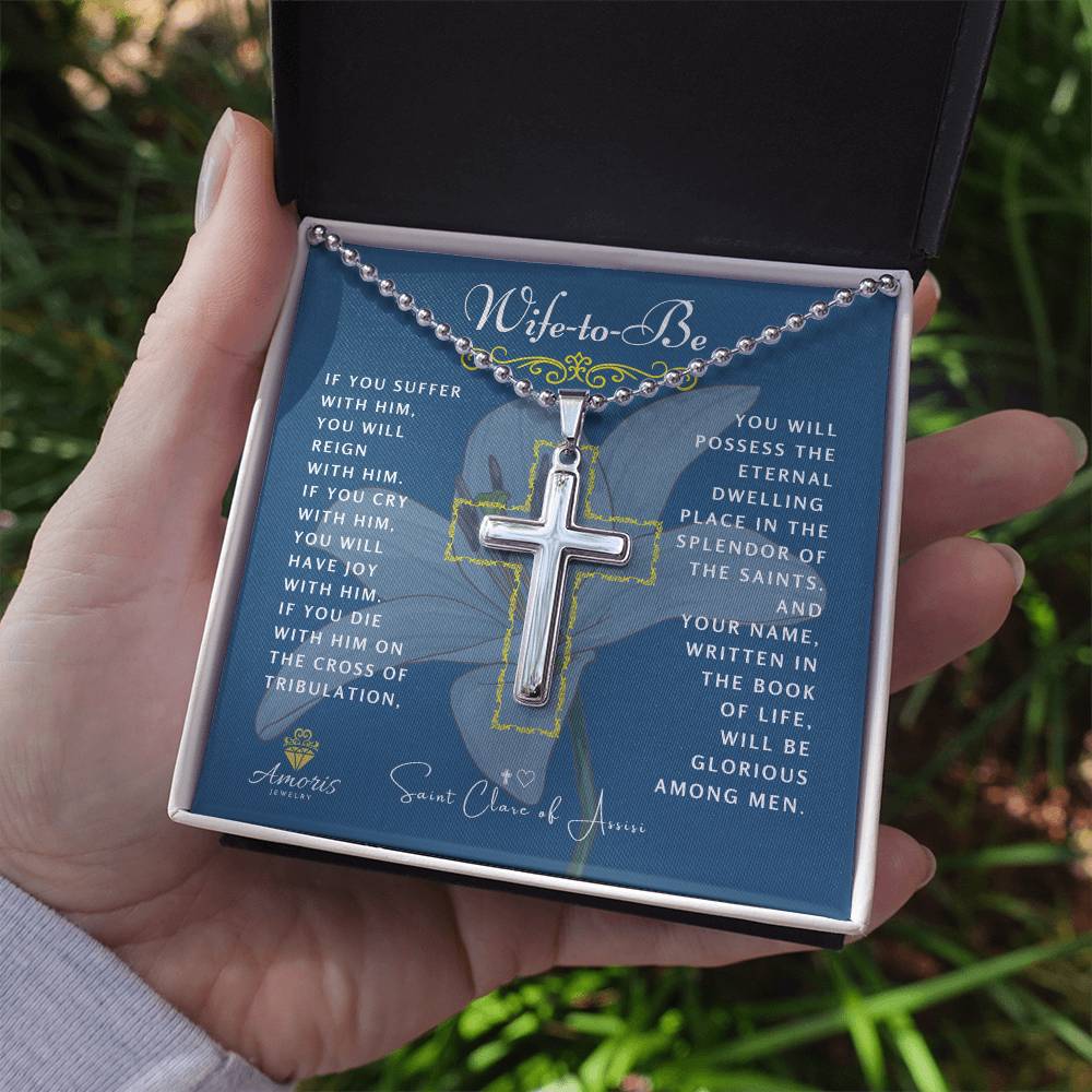 Wife-to-Be Cross Necklace with Saint Clare of Assisi Quote