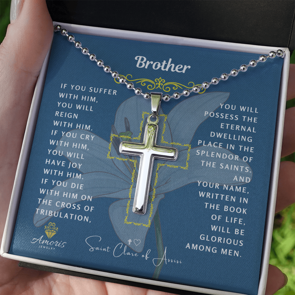 Brother Cross Necklace with Saint Clare of Assisi Quote