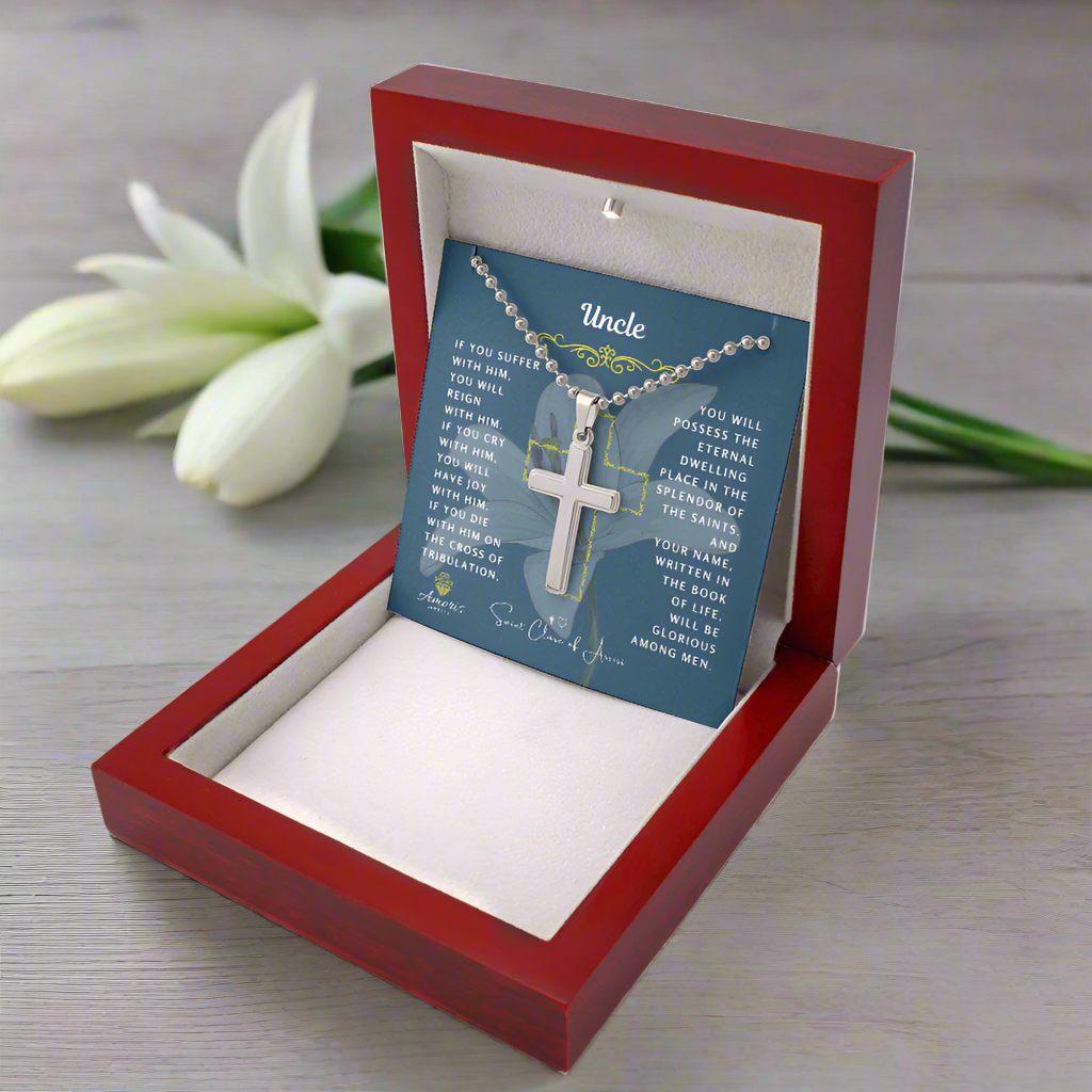 Uncle Cross Necklace with Saint Clare of Assisi Quote
