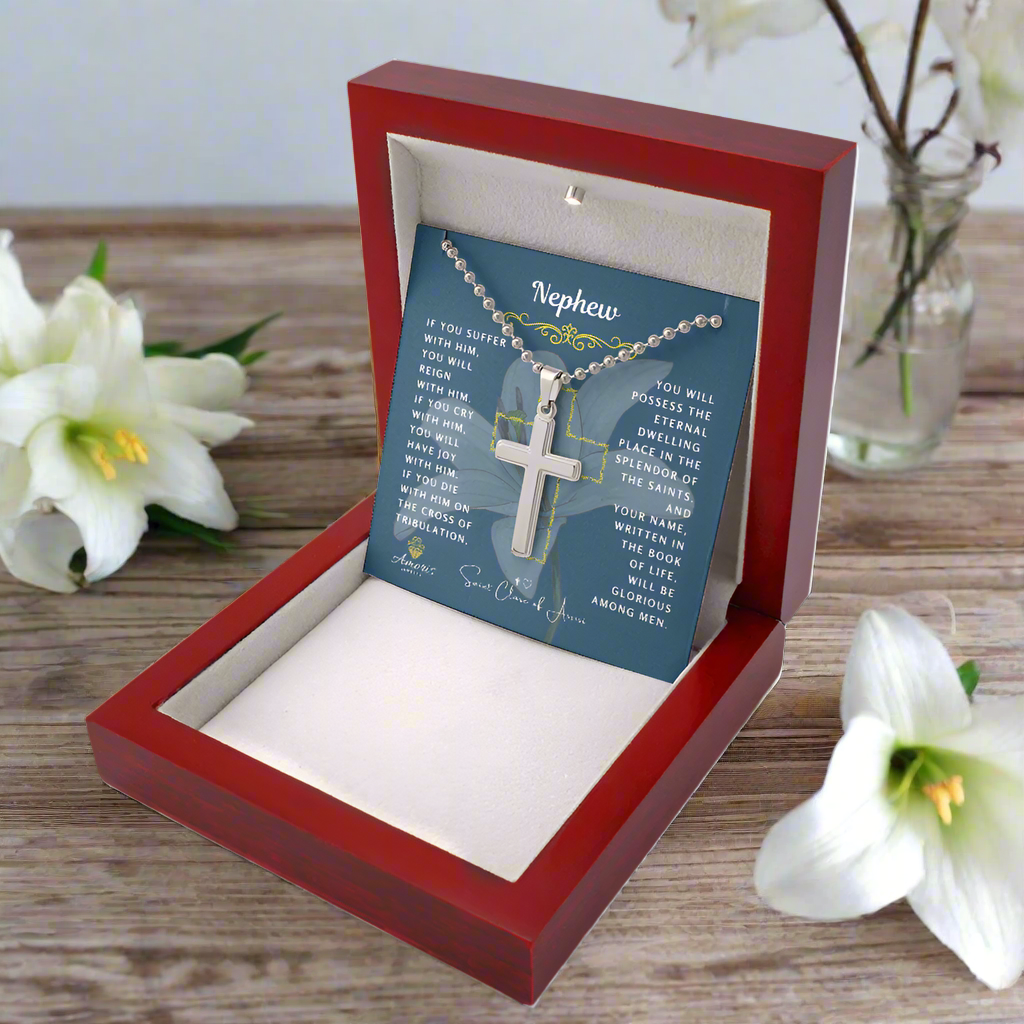 Nephew Cross Necklace with Saint Clare of Assisi Quote